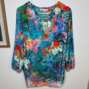 Amanda‎ Uprichard Watercolor Multicolor Floral 100% Silk Blouse - medium